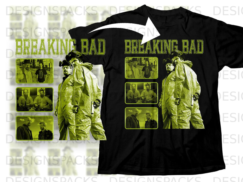 Black t-shirt featuring Breaking Bad characters and title with smaller scene vignettes.