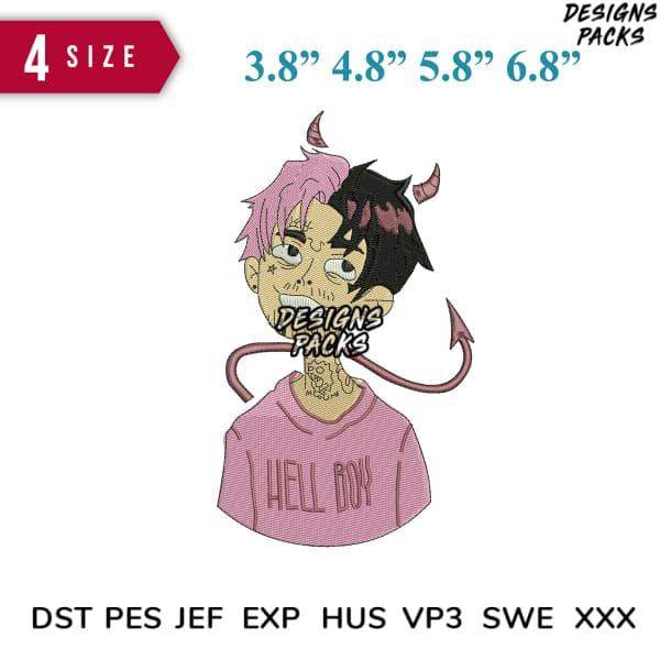Embroidery design of a devil-themed character with pink hair, horns, and tail, wearing a 'HELL BOY' hoodie in multiple sizes.