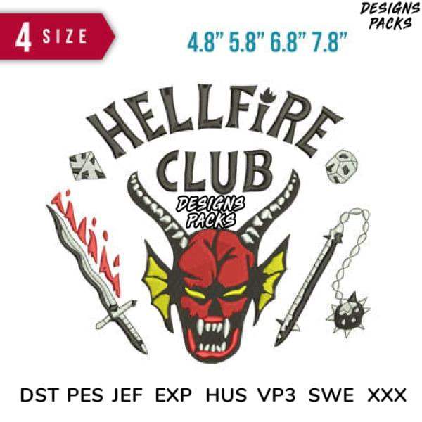 Hellfire Club devil logo embroidery design with horns, sword, and mace in 4 sizes, DST PES JEF formats