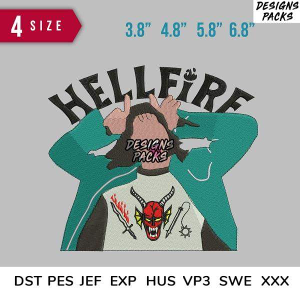 Hellfire embroidery design with devil face, swords, and flames in multiple sizes for instant download