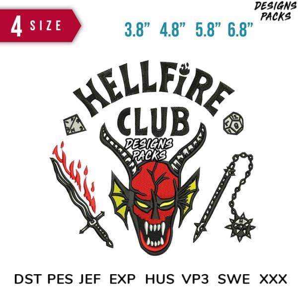 Hellfire Club embroidery design with devil mask, flaming sword, and chain; 4 sizes, DST PES formats