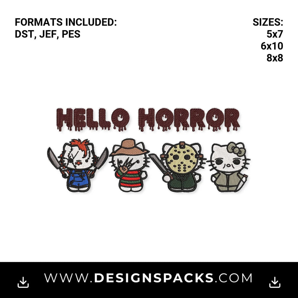 Hello Horror Kitty Slasher Crew Embroidery Design