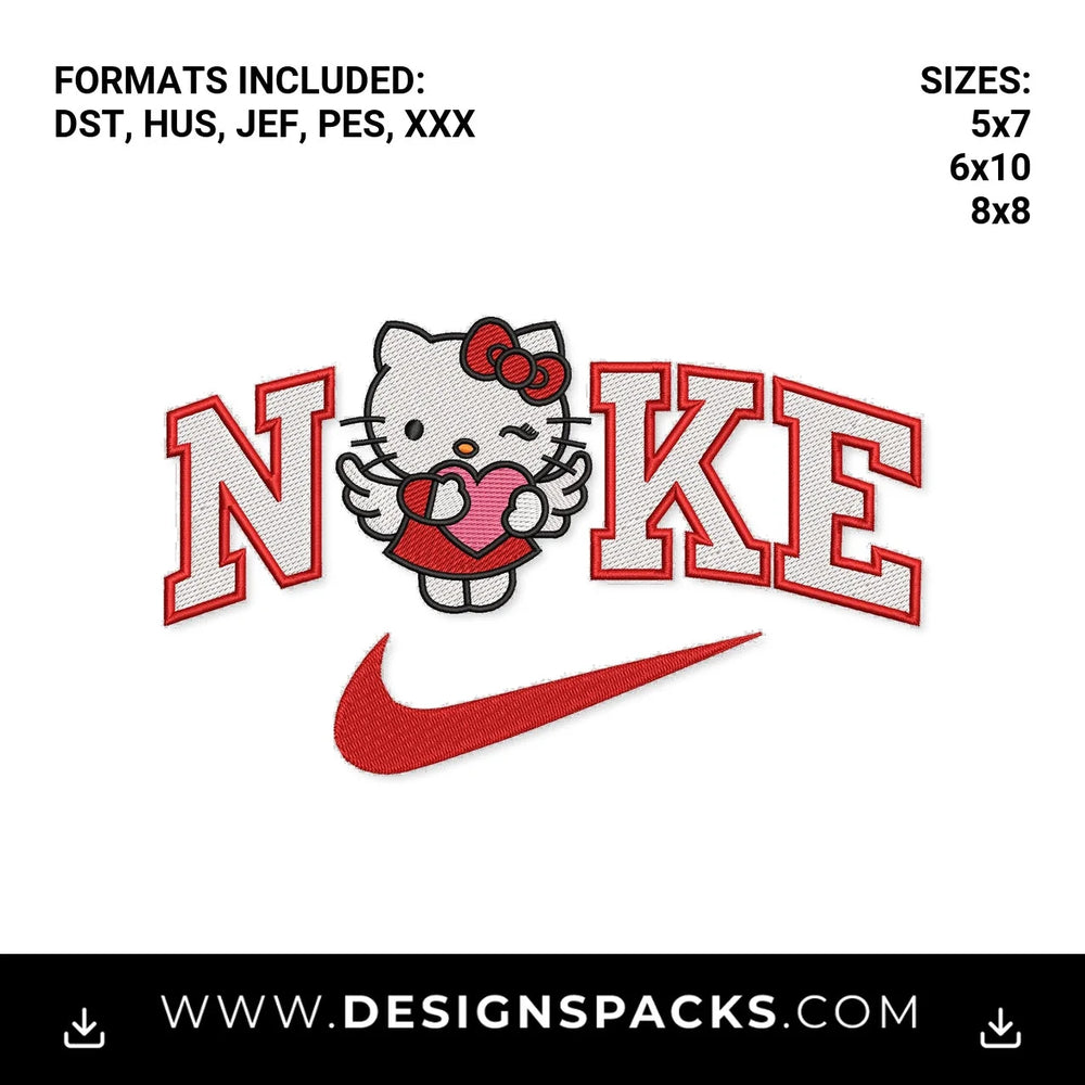 Hello Kitty Heart Nike Swoosh Logo Embroidery Design - Instant digital download pattern at Designspacks.com