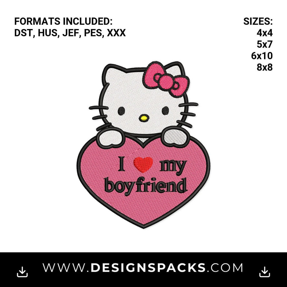 Hello Kitty I Love My Boyfriend Heart Embroidery Design - Instant digital download pattern at Designspacks.com