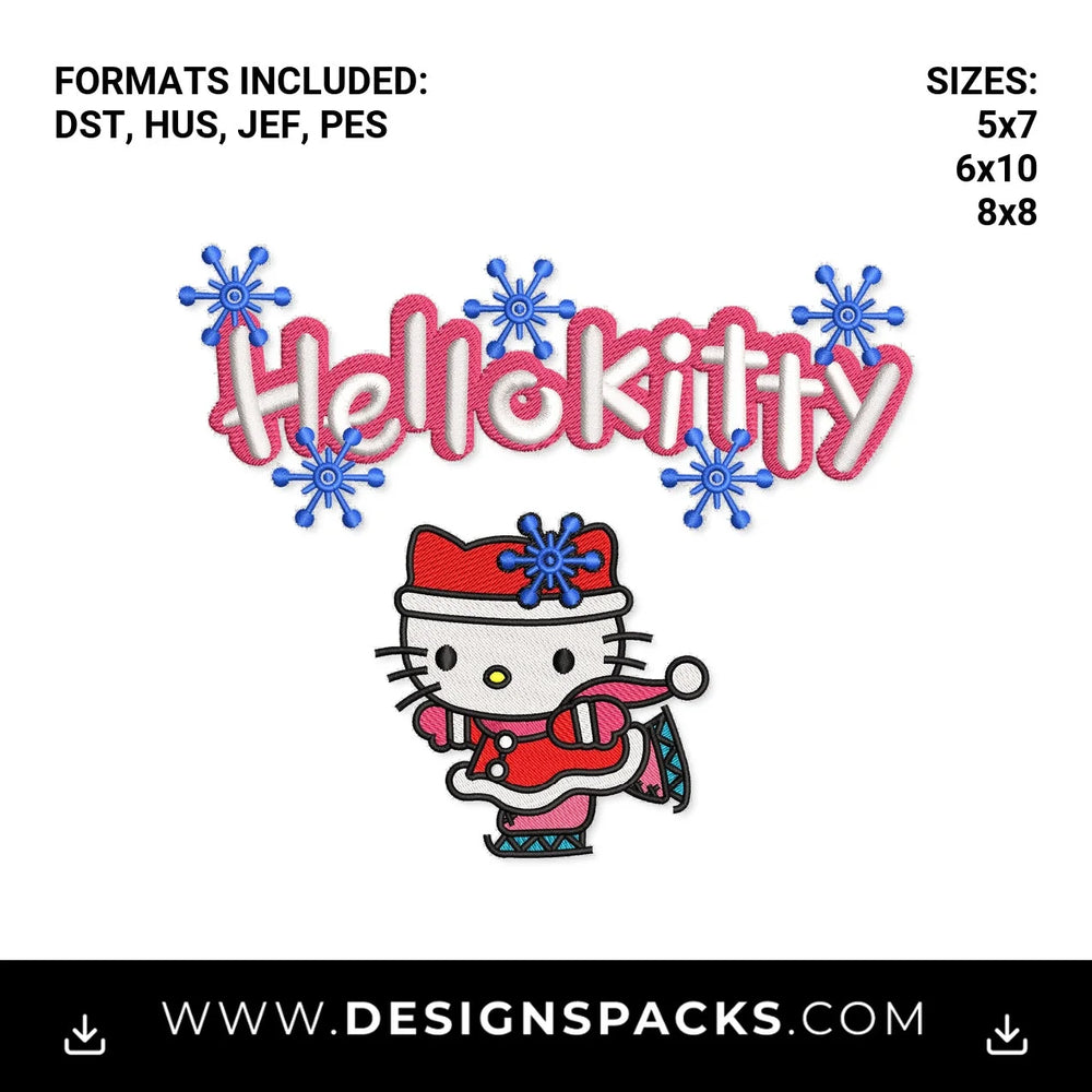 Hello Kitty Ice Skater with Snowflakes Embroidery Design - Instant digital download pattern at Designspacks.com