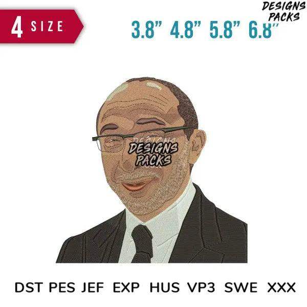 Embroidery design of man in suit and glasses, available in 4 sizes and multiple formats like DST, PES, JEF