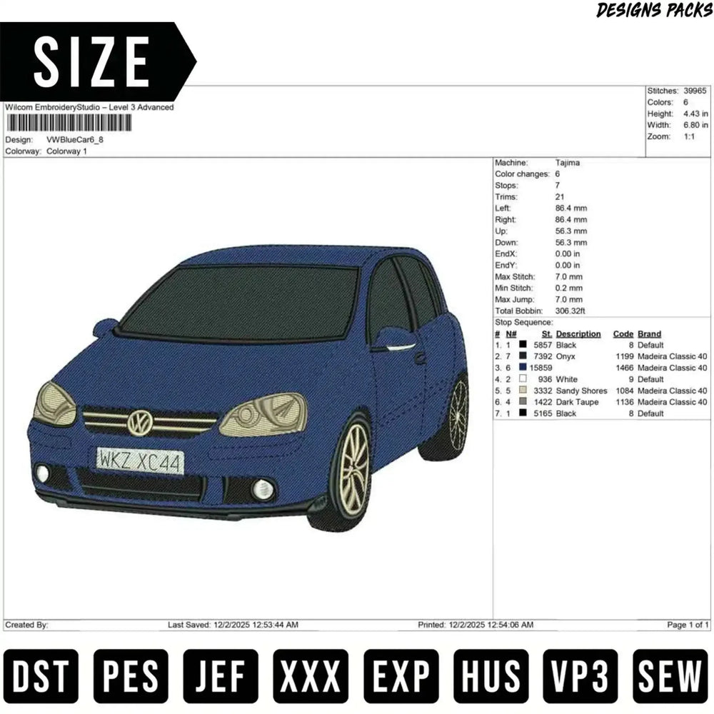 Heritage VW Golf Mk5 Blue Car Embroidery Design