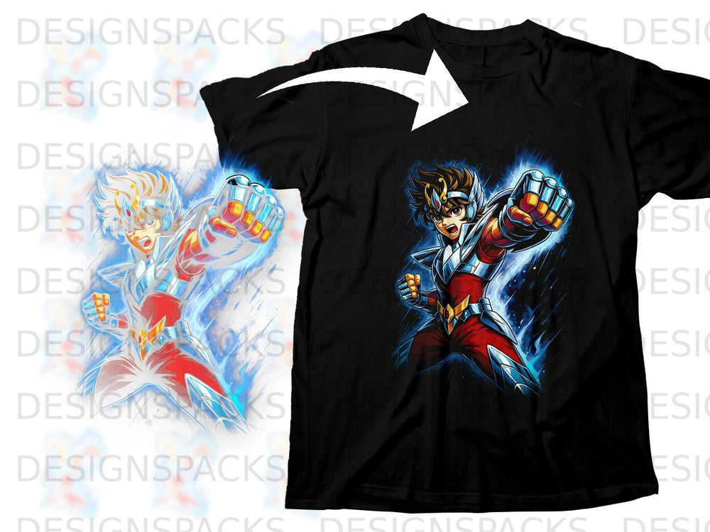 Black t-shirt with a Seiya figure in silver and red armor with blue energy.