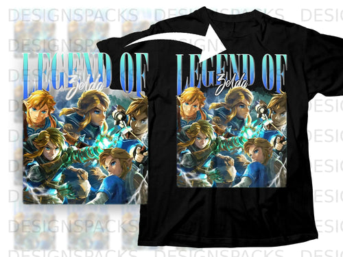 Legend of Zelda characters collage on a black t-shirt.