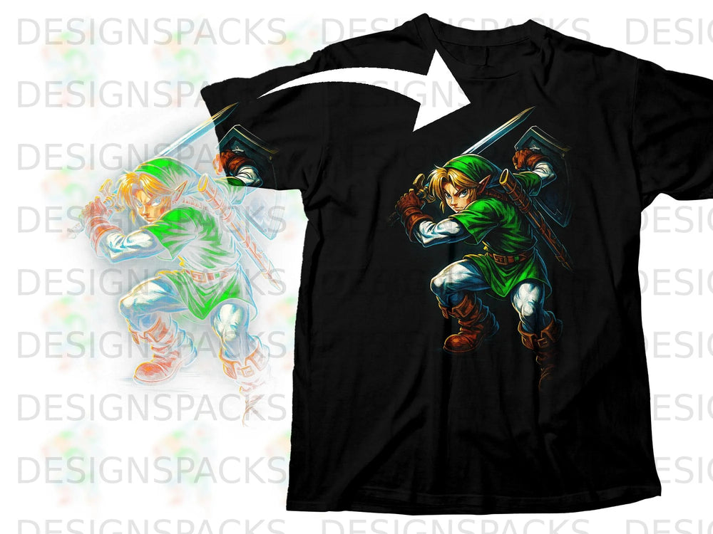 Link from The Legend of Zelda holding a sword and shield on a black t-shirt.
