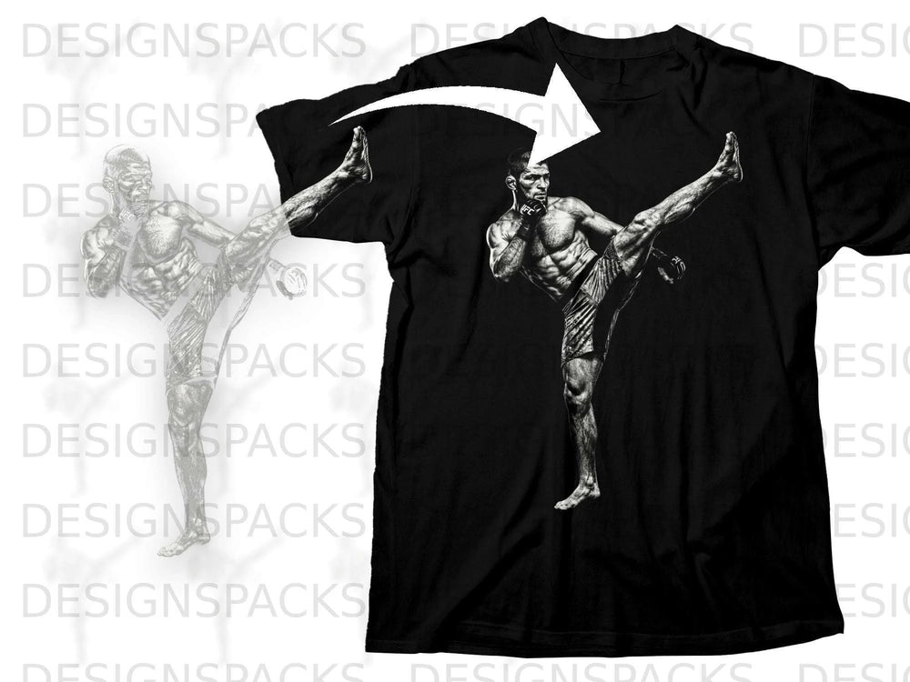 Black t-shirt with a black and white graphic of a muscular fighter performing a kick.
