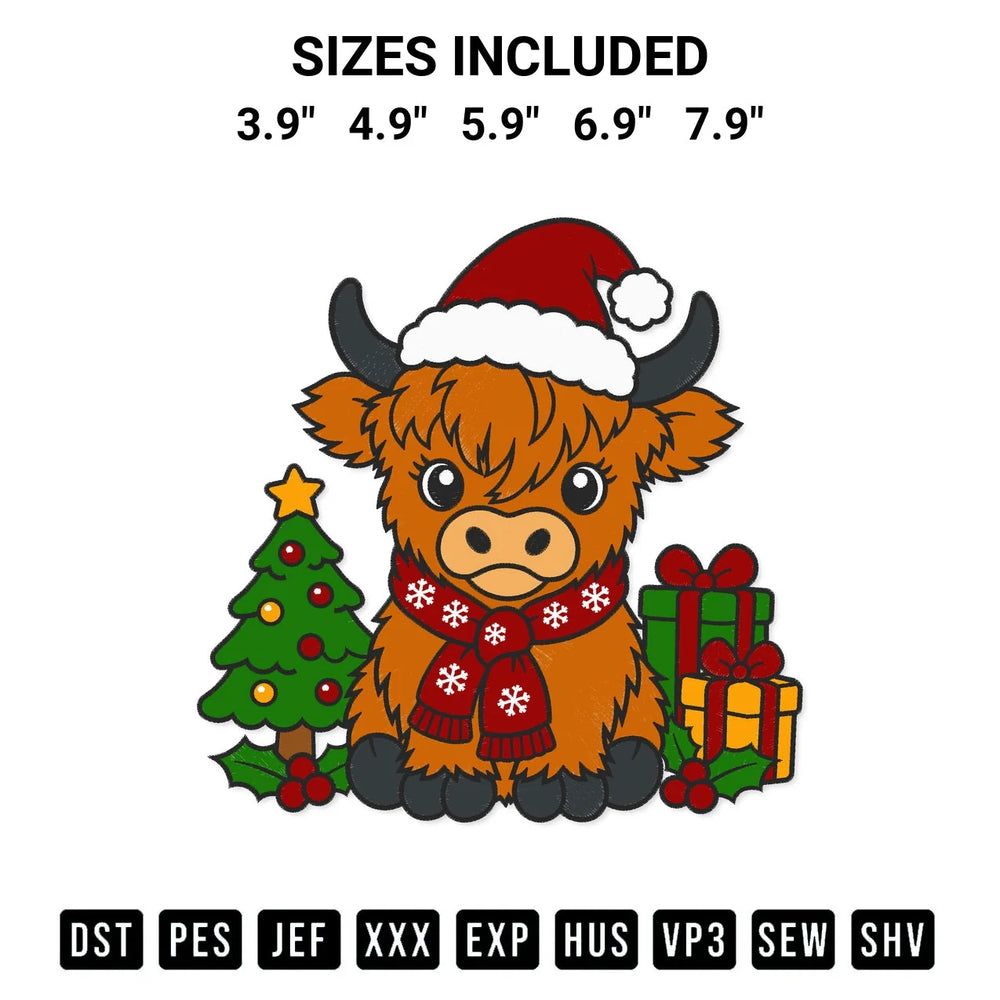 Highland Cow With Santa Hat Christmas Embroidery Design