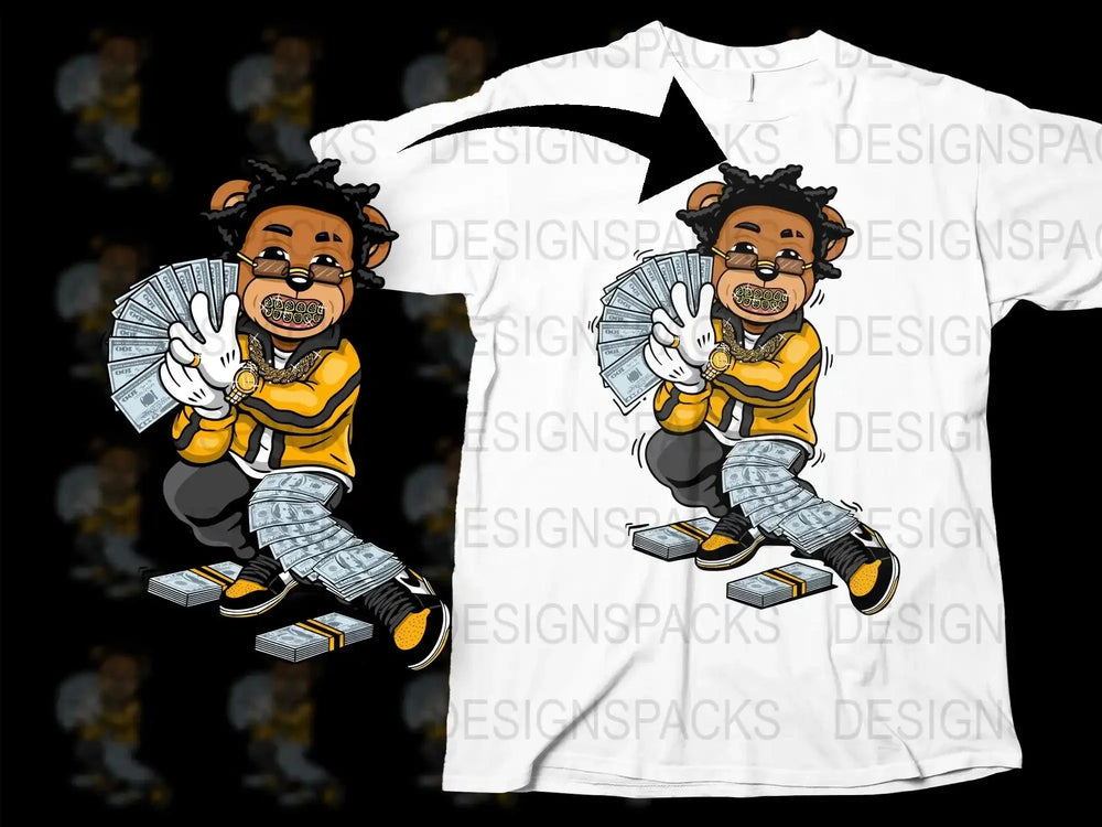 Hip Hop Style Bear Flaunting Cash Graphic Png Digital Download