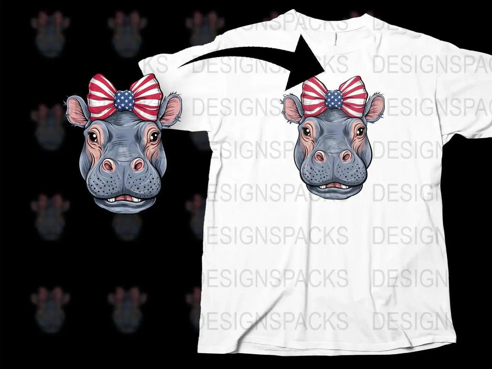 Cute Hippo Face T-Shirt with American Flag Bow, Patriotic Animal Graphic Tee, Unisex Summer Top