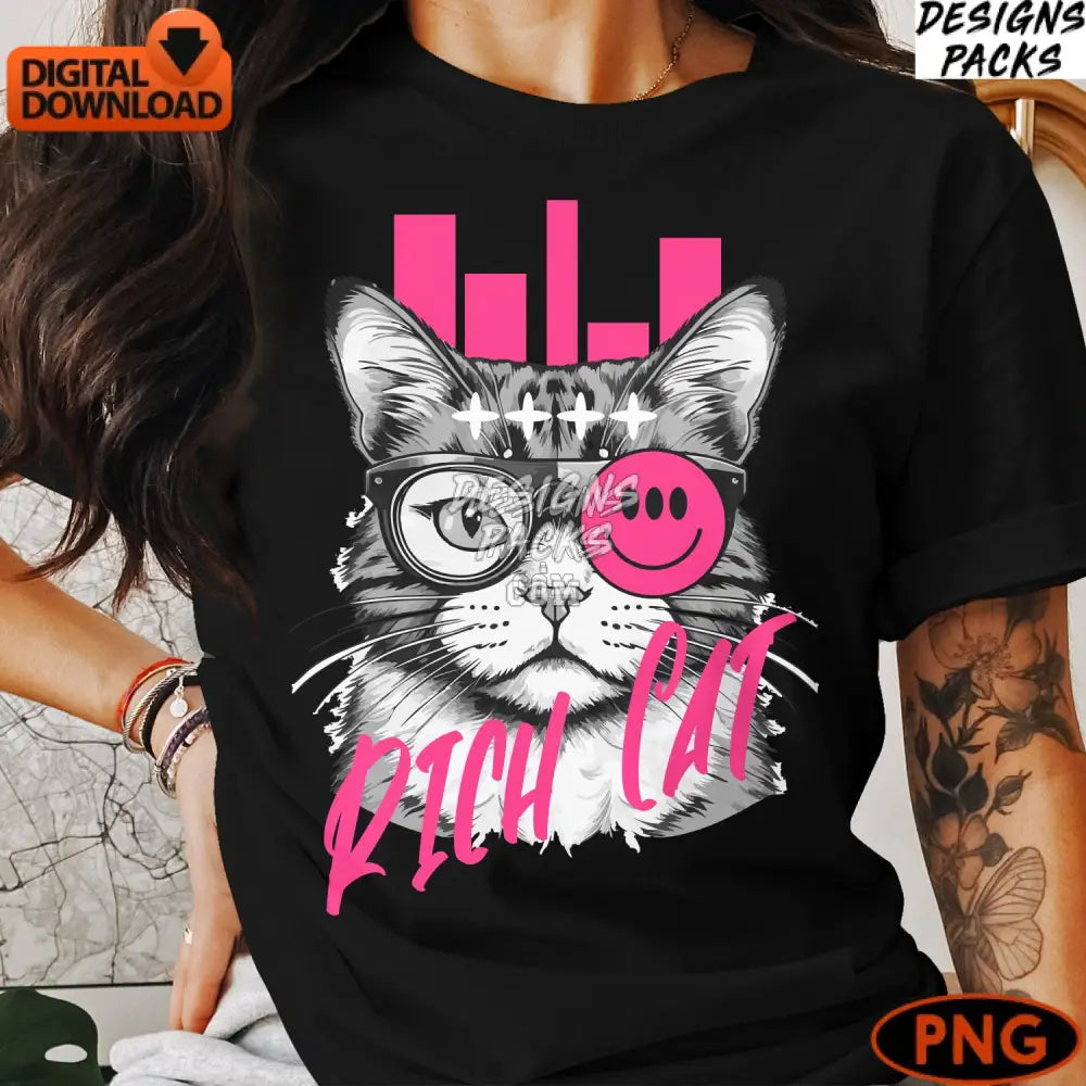 Hipster Cat Digital Print Cool With Glasses And Rich Text Instant Download Png