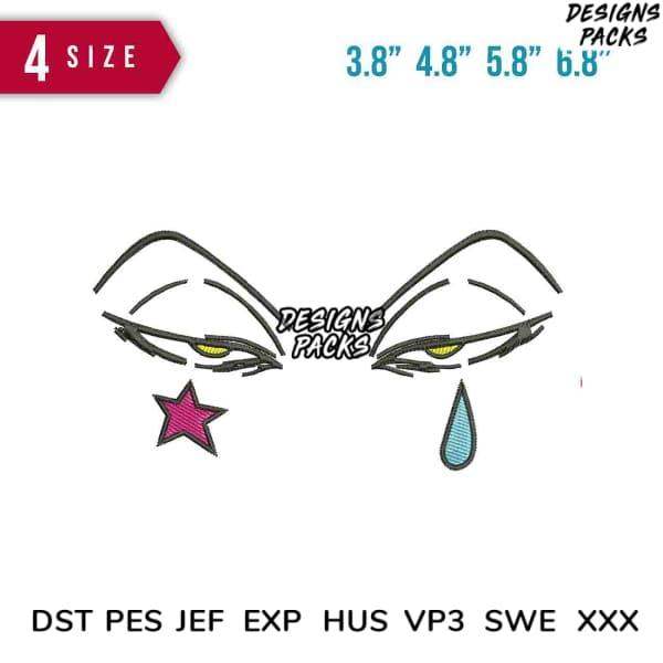 Embroidery design of stylized eyes with star and teardrop, available in 4 sizes & multiple formats