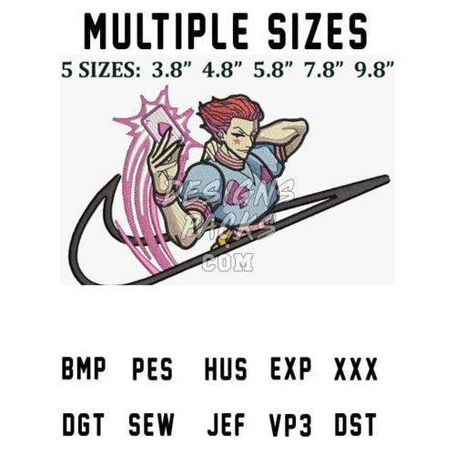 Anime-style embroidery design with pink energy effect, available in 5 sizes and multiple file formats like PES, DST, SVG