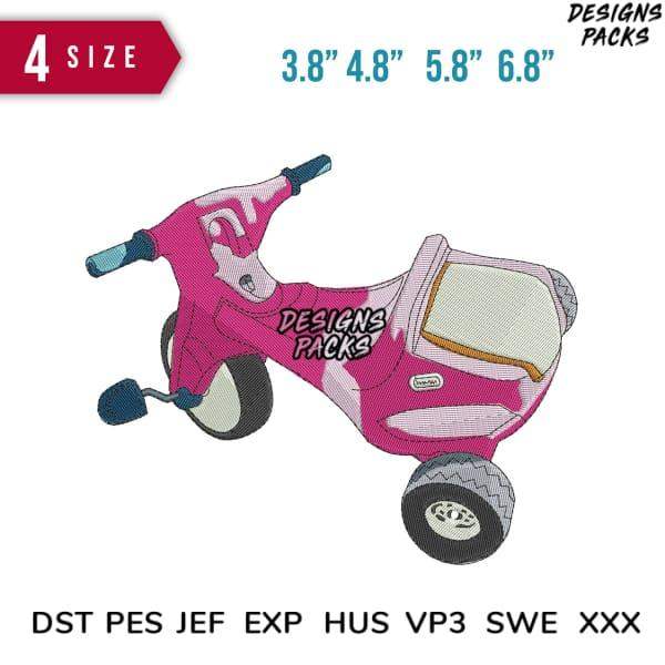 Pink tricycle embroidery design in 4 sizes, DST PES JEF formats, print-ready for DTG/DTF