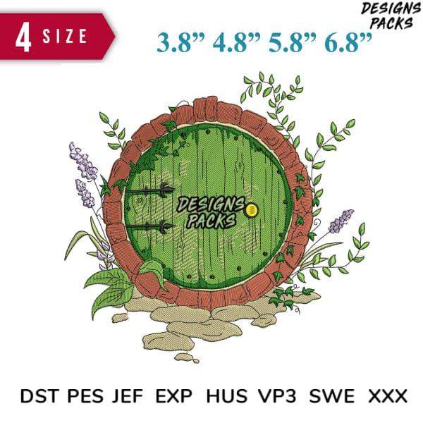 Hobbit-style round green door with ivy, available in 4 sizes for embroidery designs
