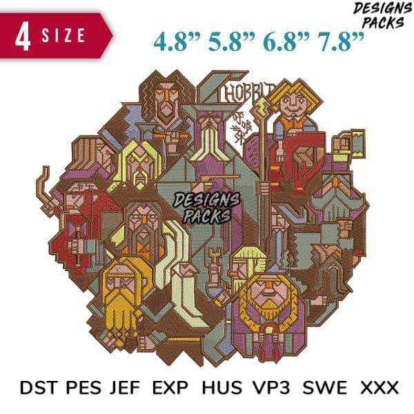 Hobbit-themed embroidery design pack in 4 sizes, compatible with DST PES JEF formats for instant download