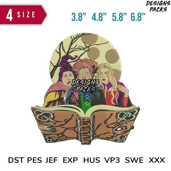 Hocus Pocus witches embroidery design in 4 sizes, print-ready DST PES JEF formats for DTG & DTF