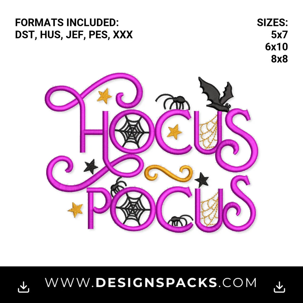 Hocus Pocus Halloween Spider Web Bat Embroidery Design - Instant digital download pattern at Designspacks.com