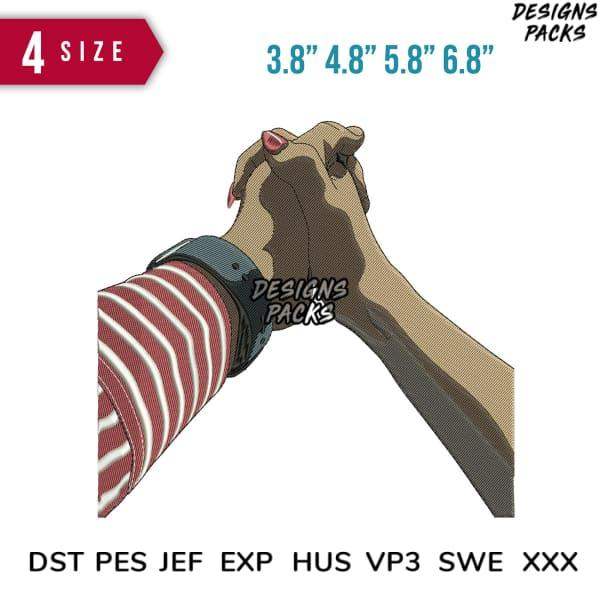 Embroidery design of clasped hands in red striped sleeve, available in 4 sizes & multiple formats