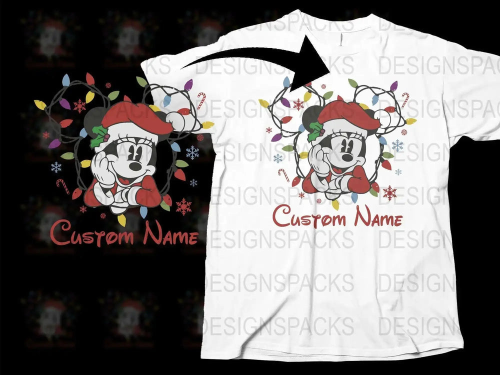 Personalized Mickey Christmas T-Shirt, Festive Holiday Custom Name Tee, Snowflakes and Santa Hat Graphic Design Shirt for Family