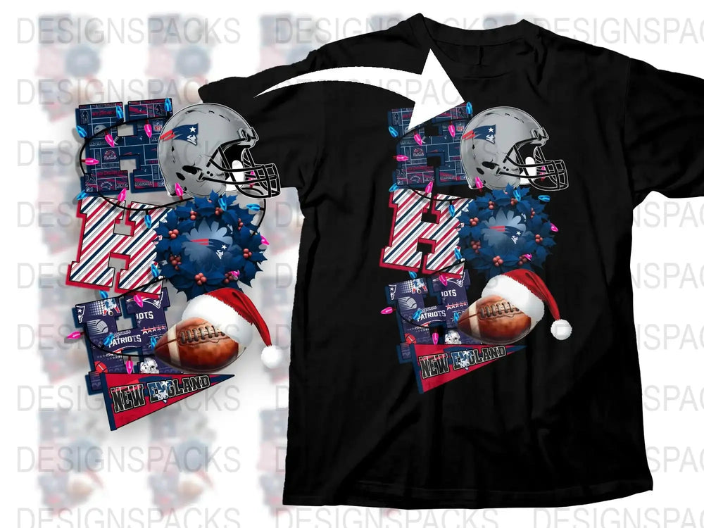 Patriotic Football Santa Helmet Holiday T-Shirt, American Flag Design, Festive Sports Christmas Tee