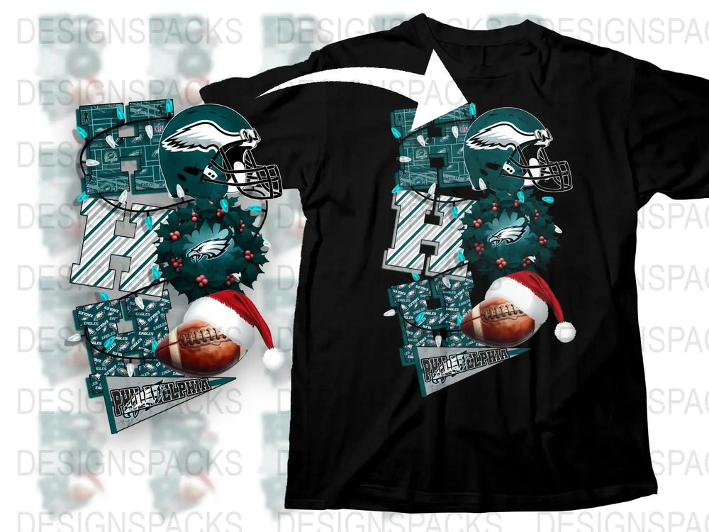 Philadelphia Eagles Themed Christmas T-Shirt, Holiday Football Fan Gear, Festive Sports Apparel, Santa Hat Graphic Tee