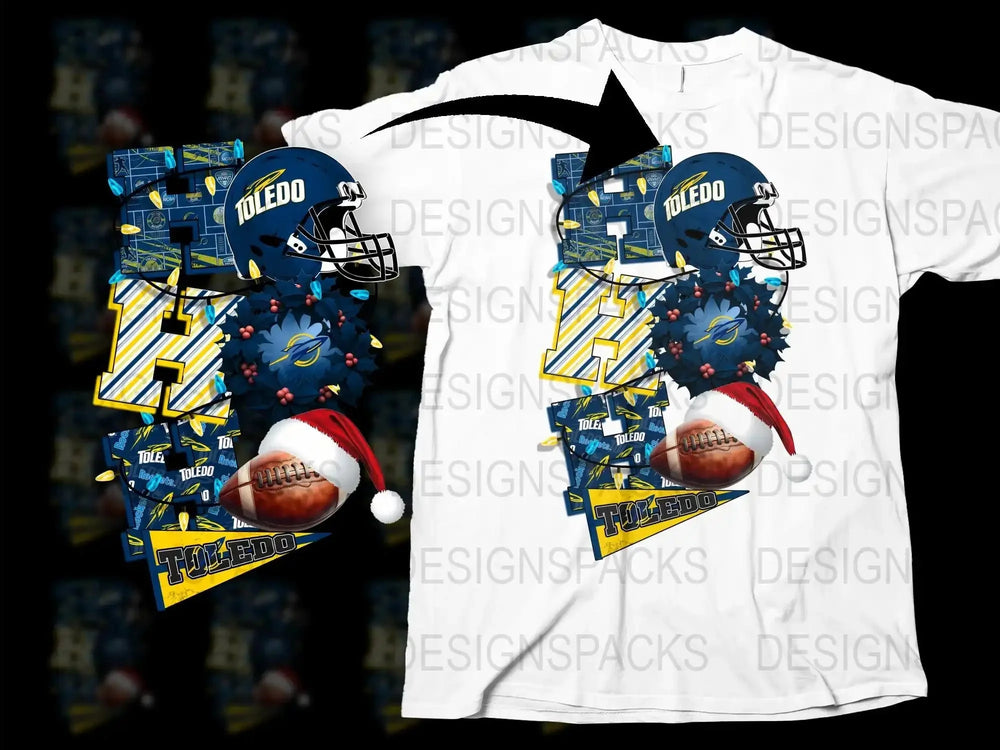 Toledo Football Themed T-Shirt with Helmet and Ball Graphics, Festive Holiday Design, Sports Apparel
