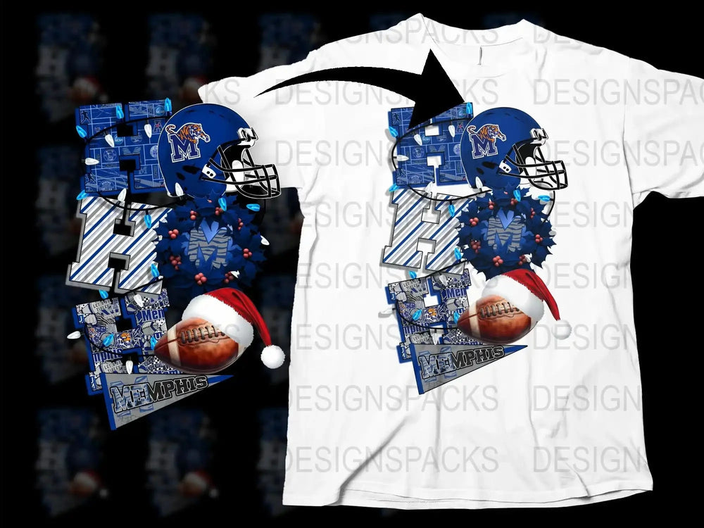 Memphis Football T-Shirt Sports Graphic Tee Christmas Santa Hat Snowflake Design