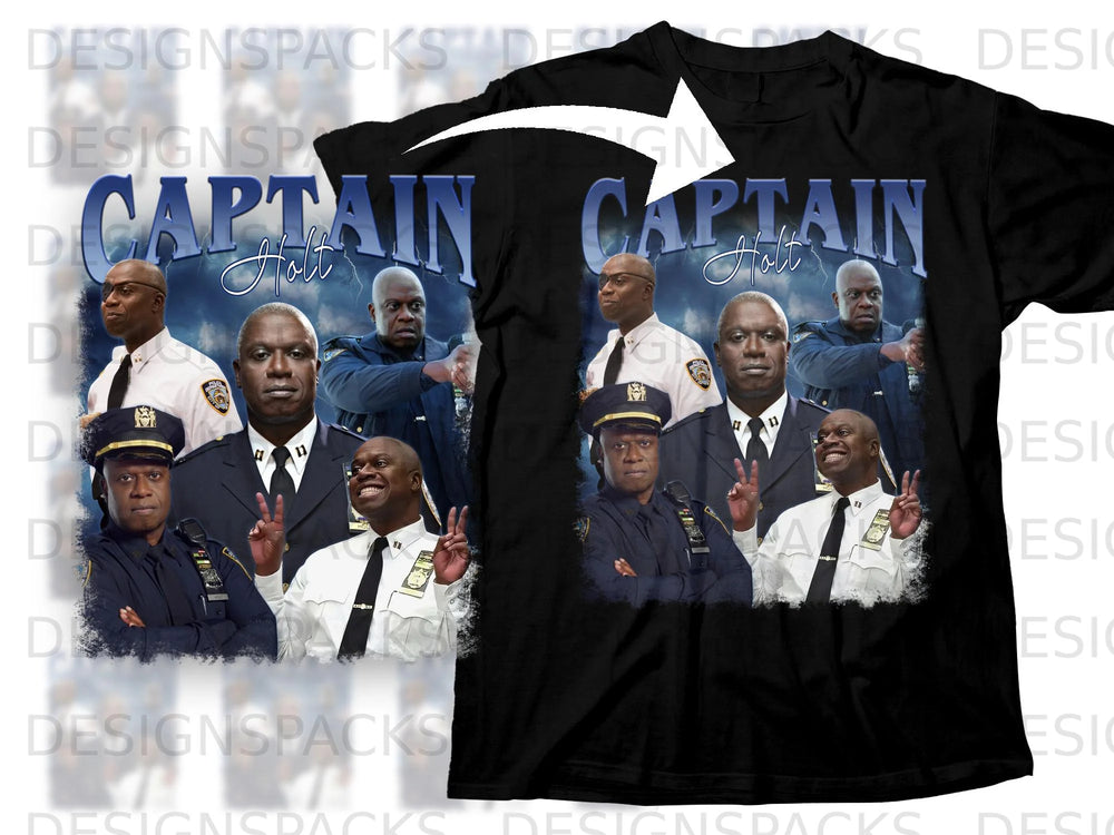 Black t-shirt featuring Captain Holt from Brooklyn Nine-Nine with police officers.