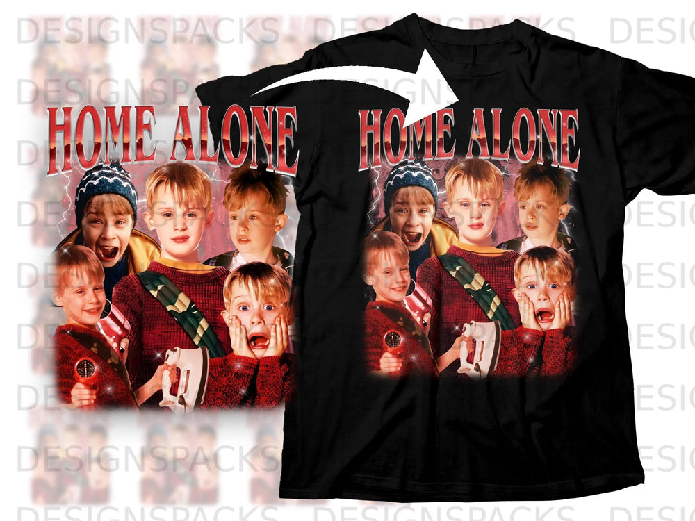 Home Alone movie graphic with characters and lightning on a black t-shirt.