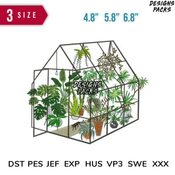 Greenhouse embroidery design with plants, 3 sizes, DST PES JEF formats for instant download