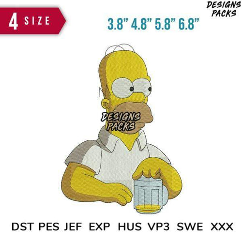 Homer Simpson embroidery design in 4 sizes, compatible with DST PES JEF formats for DTG/DTF printing