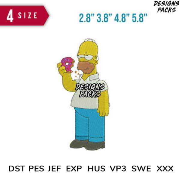Homer Simpson holding donut, embroidery design in multiple sizes, DST PES formats