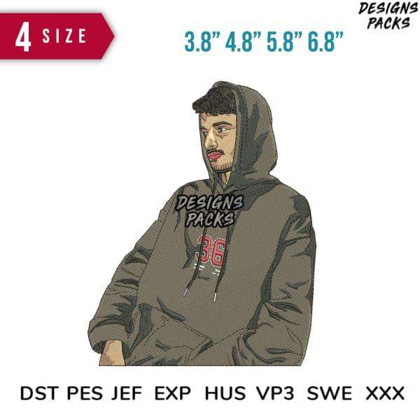 Embroidery design on hoodie with 'Designs Packs' text, available in 4 sizes and multiple file formats.
