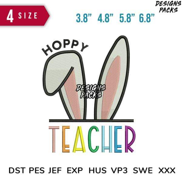 Hoppy Teacher embroidery design with bunny ears, available in multiple sizes and formats