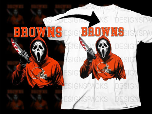 Browns Scream mask t-shirt design with knife, print-ready for DTF DTG, football fan apparel