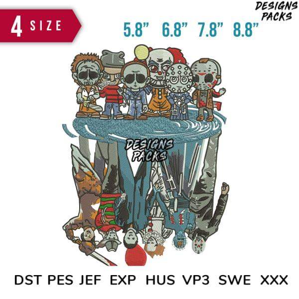 Halloween horror character embroidery design bundle in 4 sizes, compatible with DST PES JEF formats