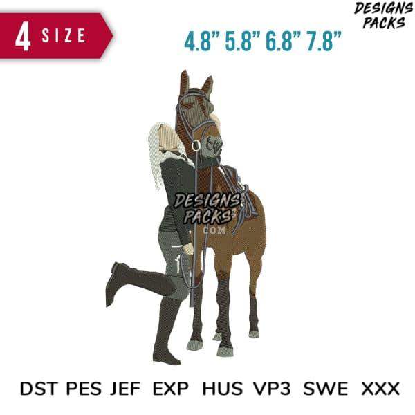 Equestrian embroidery design with rider and horse, available in multiple sizes and formats