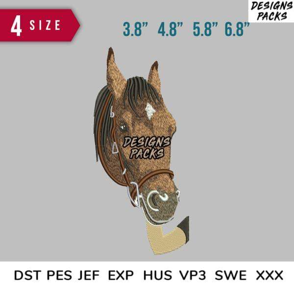 Embroidery design of a horse head with bridle, available in multiple sizes and formats