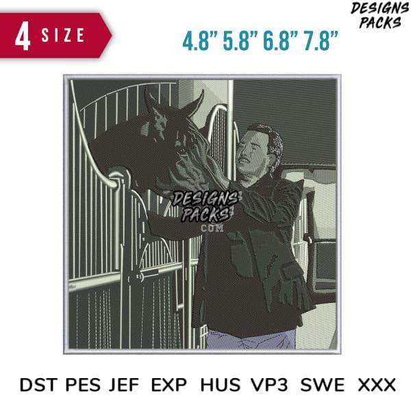Horse and rider embroidery design in 4 sizes, compatible with DST PES JEF EXP HUS VP3 SWE formats