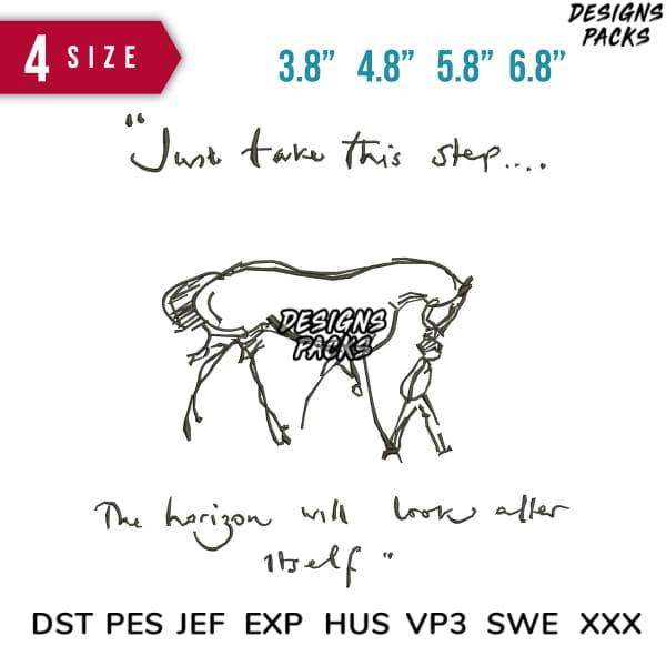 Inspirational horse sketch with quote 'Just take this step...' in 4 sizes, embroidery formats DST PES JEF EXP