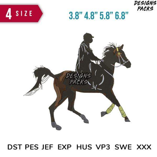 Equestrian embroidery design with rider and horse in 4 sizes, compatible with DST PES JEF formats