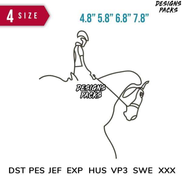 Equestrian line art design for embroidery, available in 4 sizes & formats: DST, PES, JEF, EXP, HUS, VP3, SWE, XXX