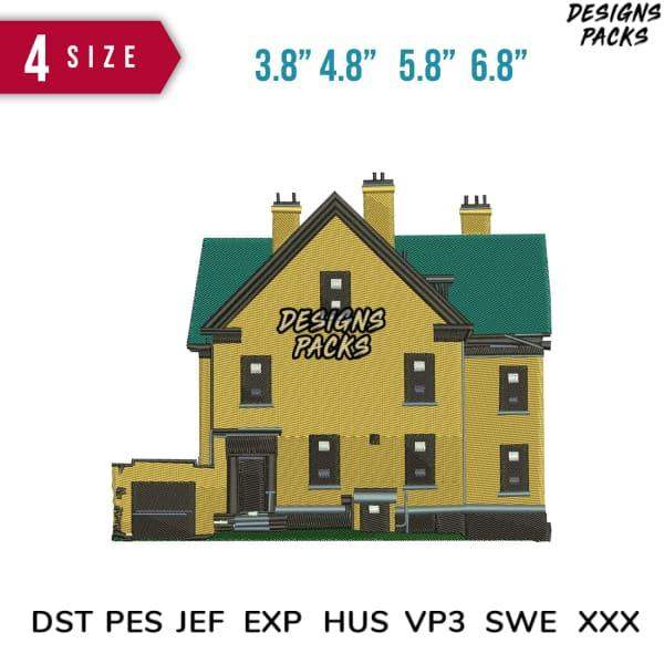 Yellow house embroidery design with green roof, available in 4 sizes & multiple formats like PES, DST, EXP