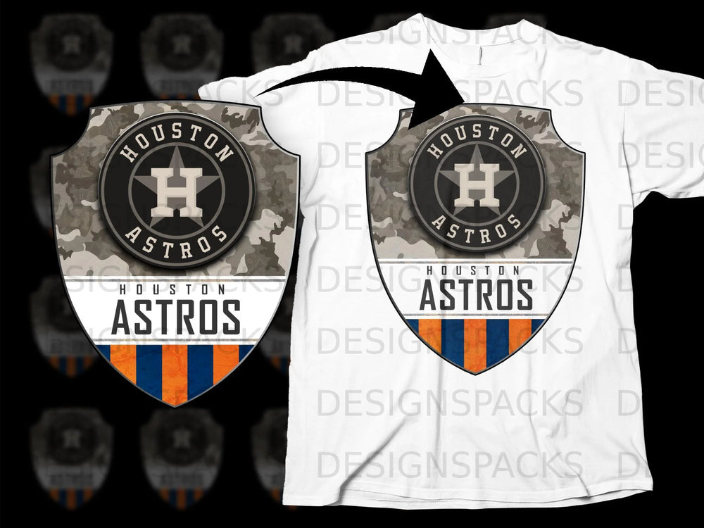 Houston Astros shield logo with camouflage and orange and blue stripes on a white t-shirt.