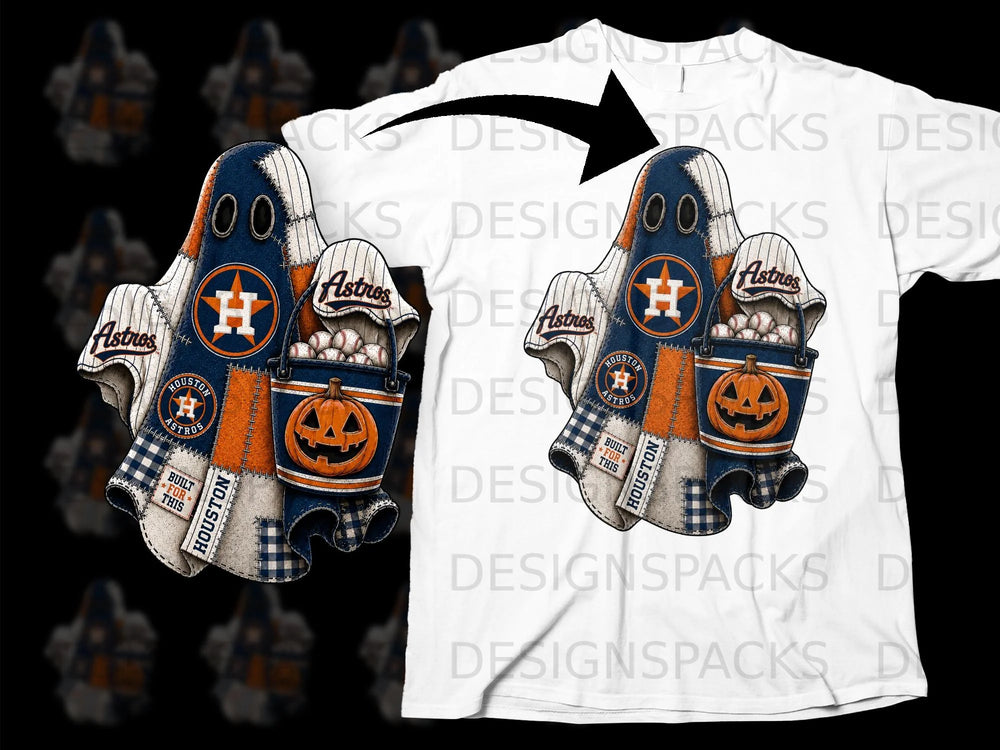 Houston Astros ghost with baseballs and pumpkin on a t-shirt mockup.